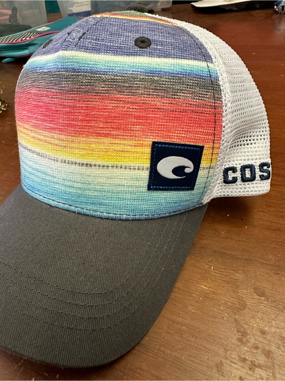 Costa Kids Rainbow Stripe Trucker Hat with Gray Bill and White Mesh